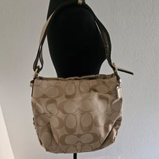Coach Canvas Purse with Gold Straps and Lettering Leather Trim