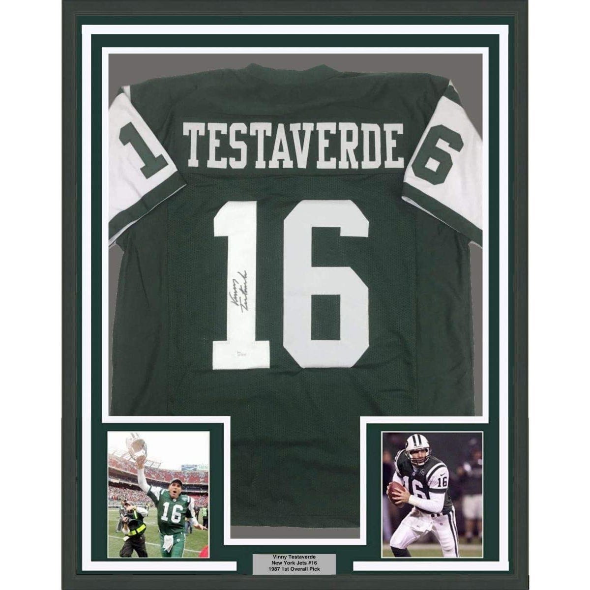Framed Autographed/Signed Vinny Testaverde 35x39 New York Green Jersey JSA COA