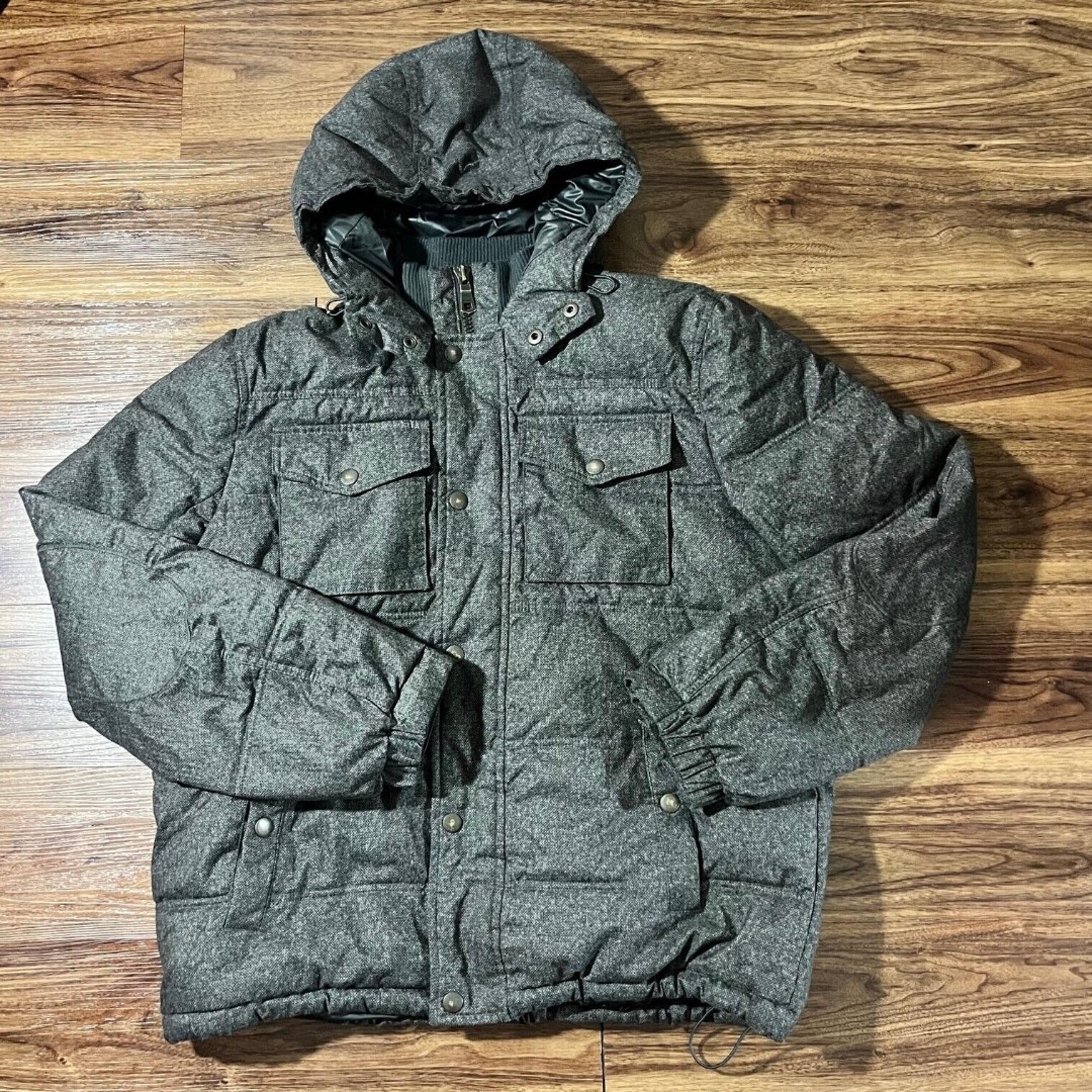 Tommy Hilfiger Puffer Winter Coat Toggle Hood Full Zip Snap Pockets Mens L Gray