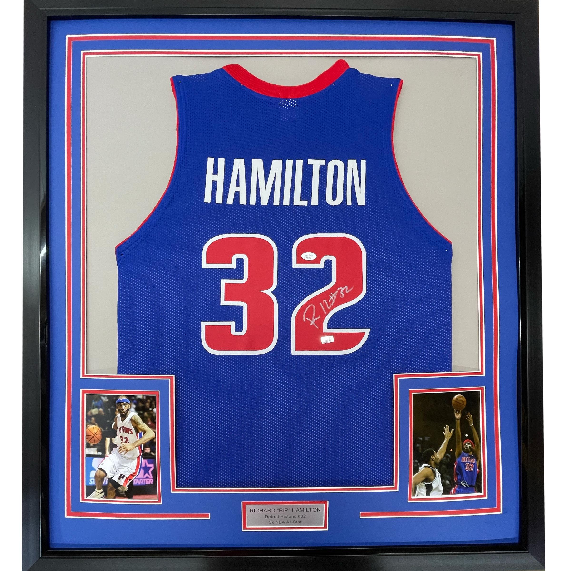 Framed Autographed/Signed Richard Rip Hamilton 35x39 Detroit Blue Jersey JSA COA