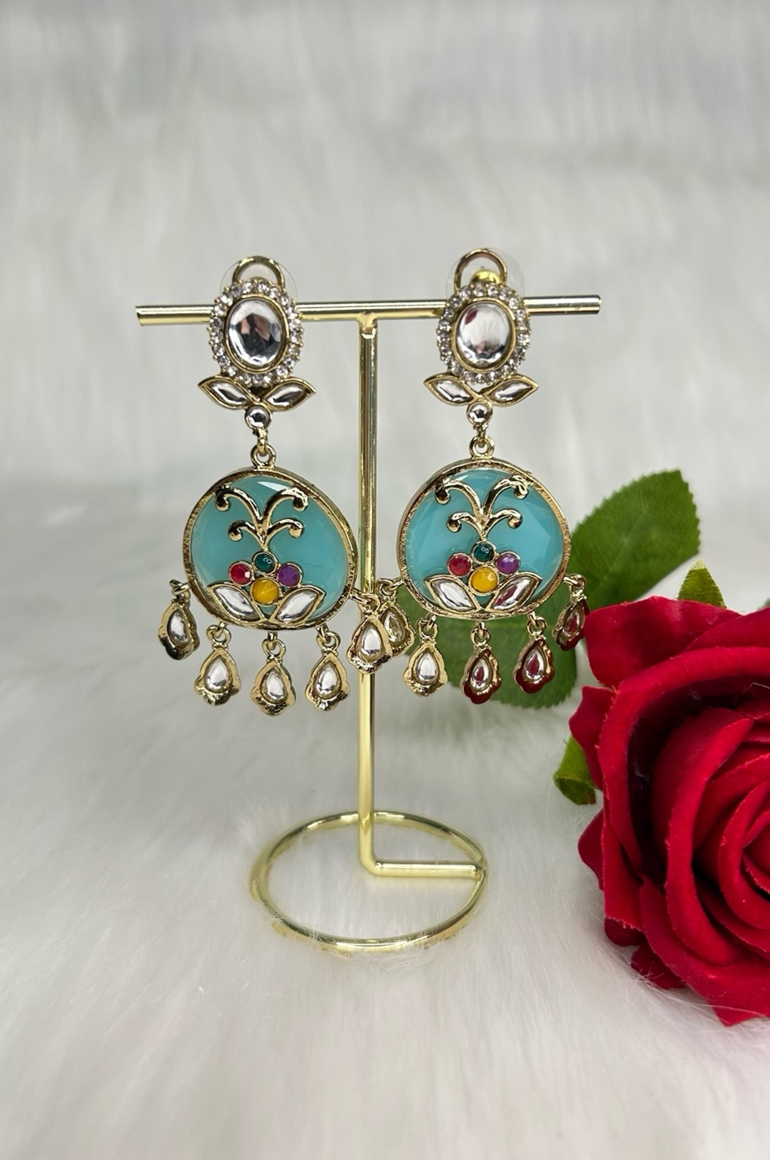 High Quality Sky blue With Gold Acrylic Mina Kari Dangling Earrings