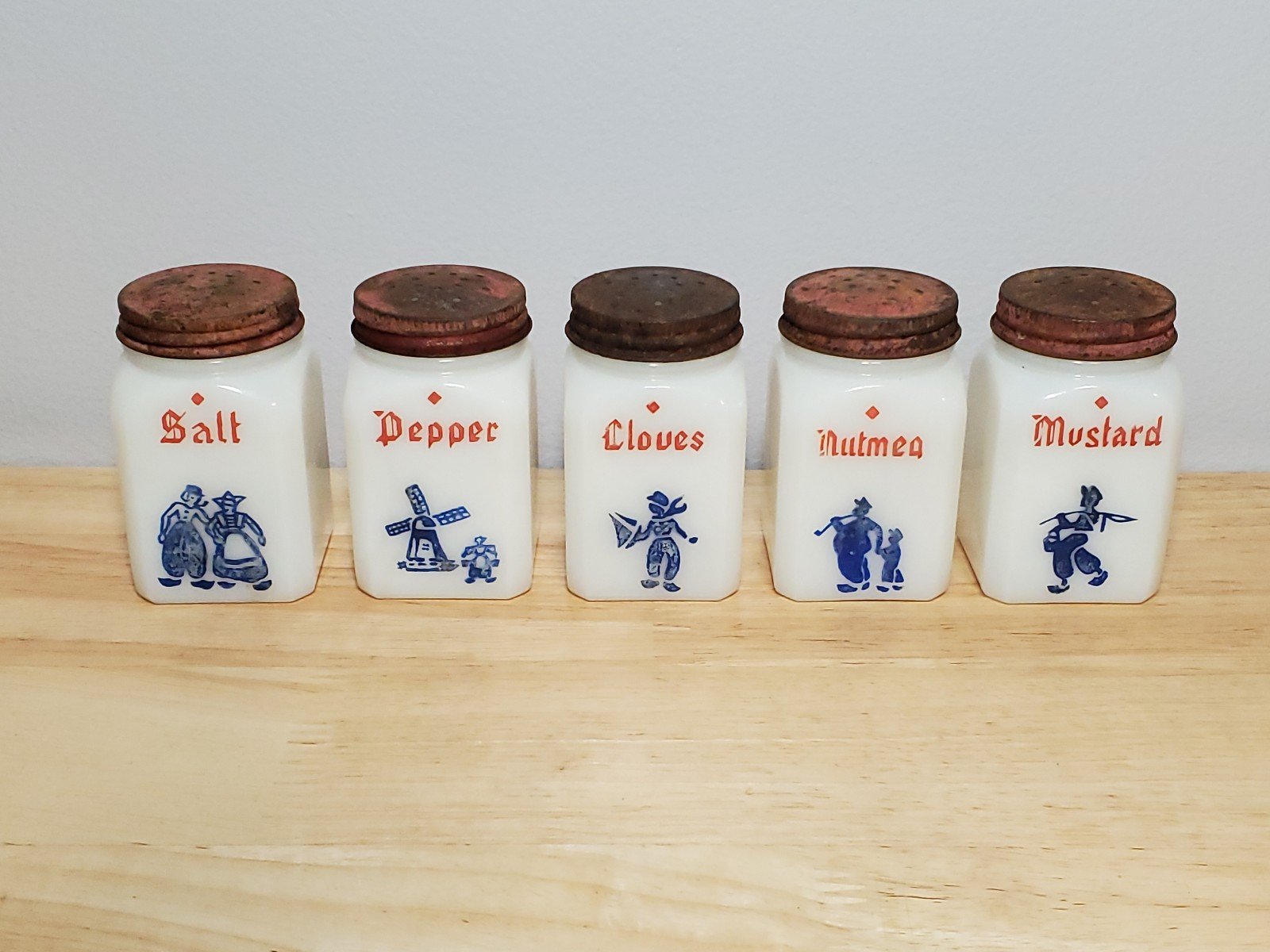 Vintage Hazel Atlas Milk Glass Dutch Spice Jars