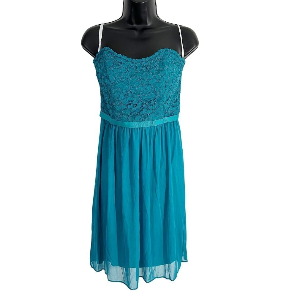 David's Bridal Strapless Lace Mesh Bridesmaid Above Knee Dress Teal Size 8