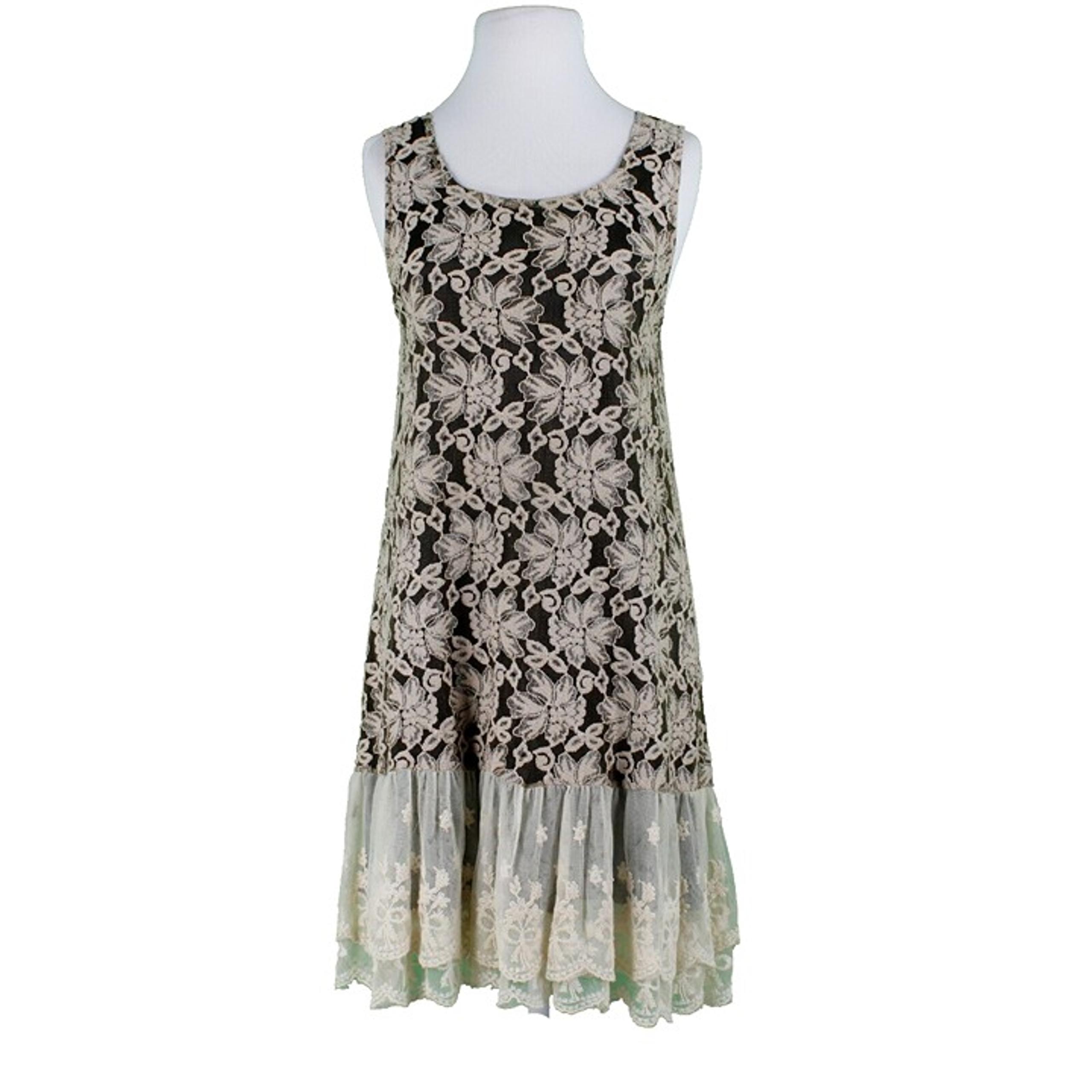 Rancho Estancia Sz L Black Beige Lined Laceover Double Ruffle Nylon Blend Dress
