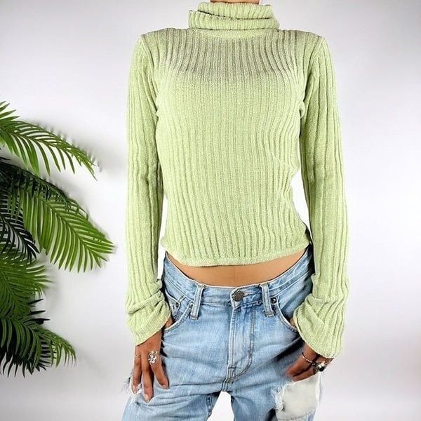 Vintage Y2K Green Cottage Granola Girl Ribbed Knit Fitted Turtleneck Sweater / M