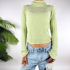 Vintage Y2K Green Cottage Granola Girl Ribbed Knit Fitted Turtleneck Sweater / M