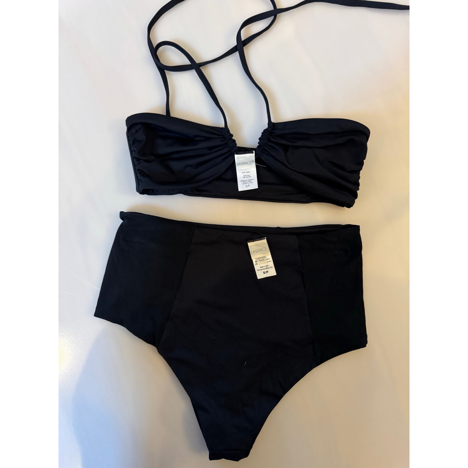LSPACE 'Dawn' Multi-Way Bandeau Bikini Top and bottom black size small (New)
