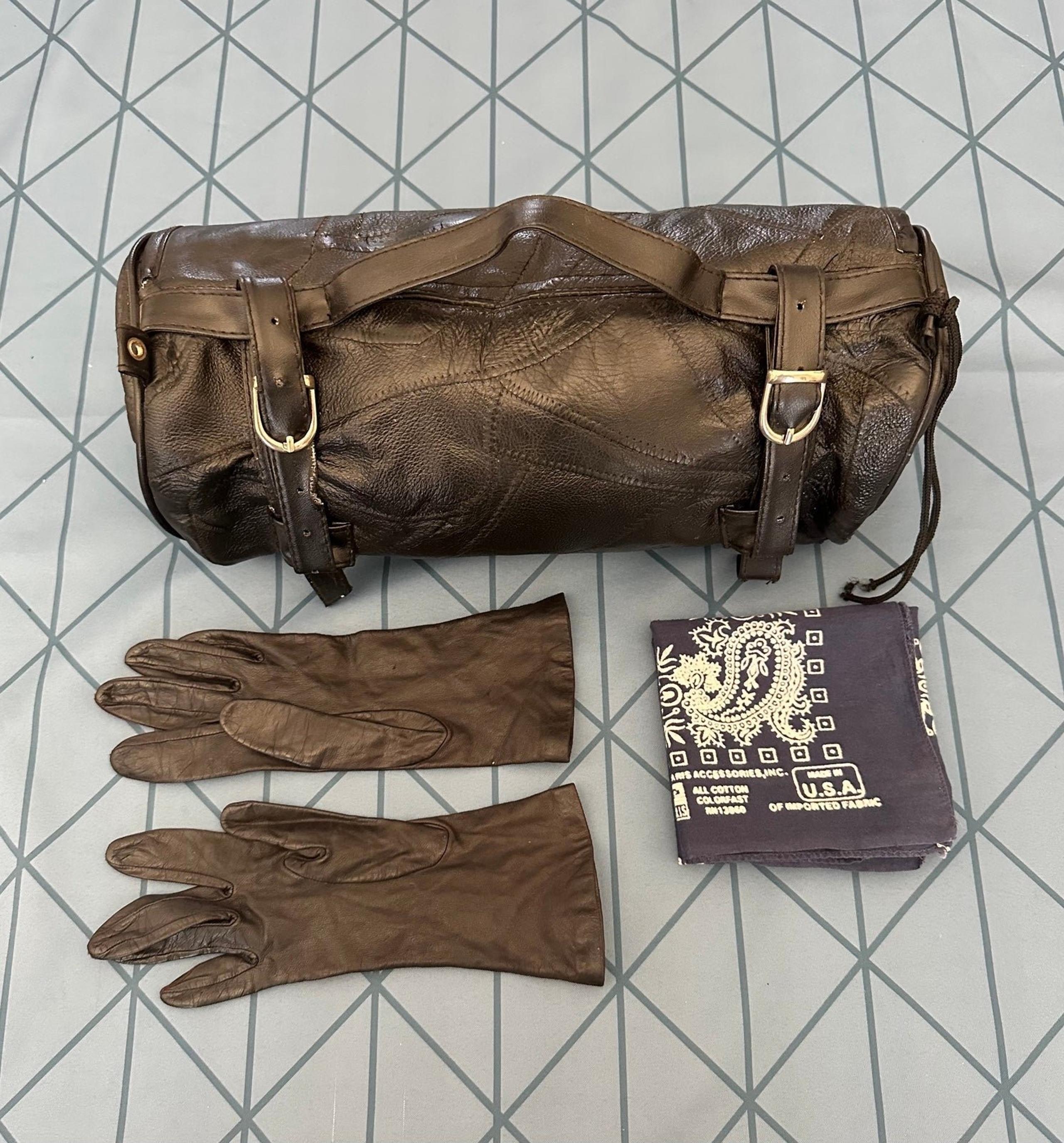 VTG Diamond Plate Leather Motorcycle Bag VTG Grandoe W. Gloves VTG Blue Bandana