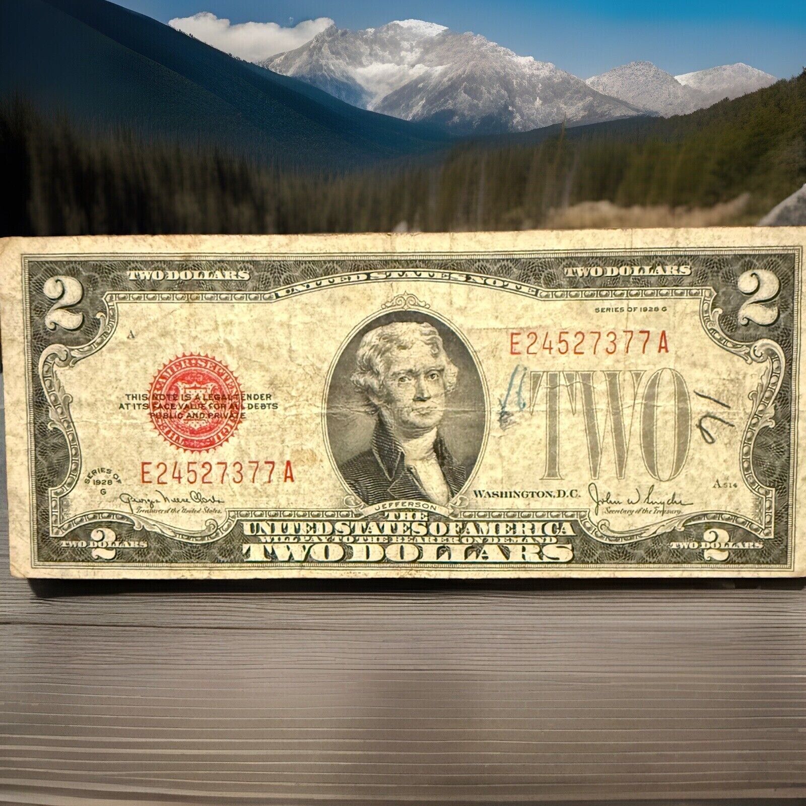 Error 1928 D 2 United States Red Seal Treasury Note. Misaligned Sheet Cut Error