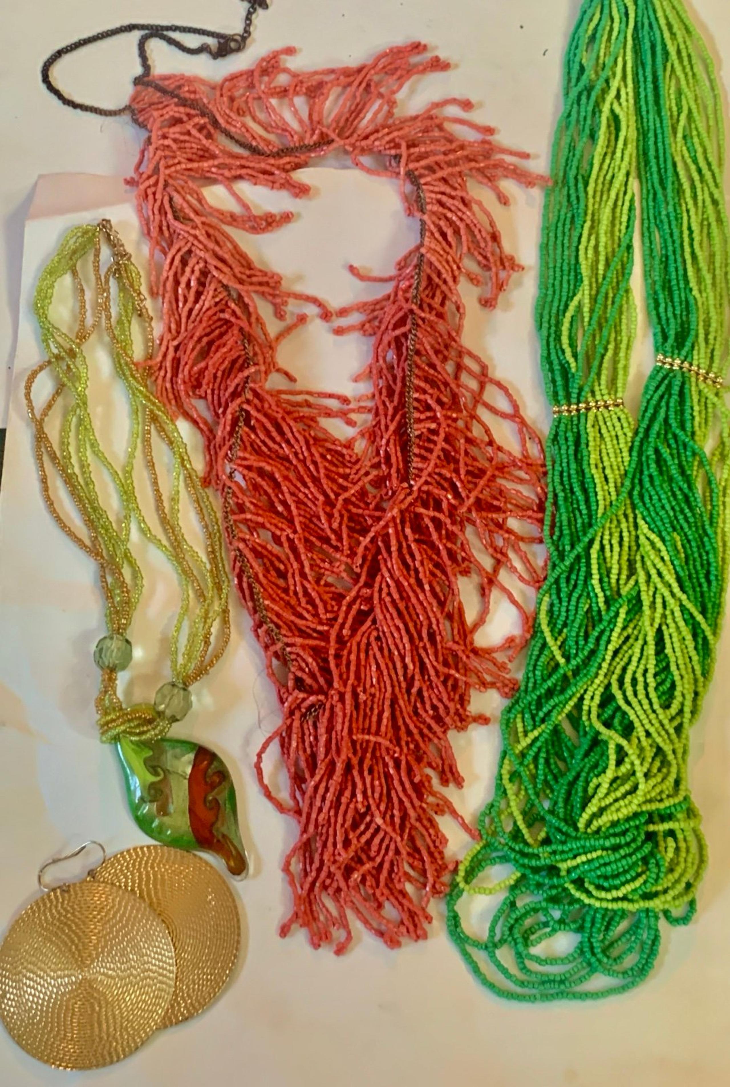 Trio of Dramatic Ethnic Seed Bead Necklaces / Earrings