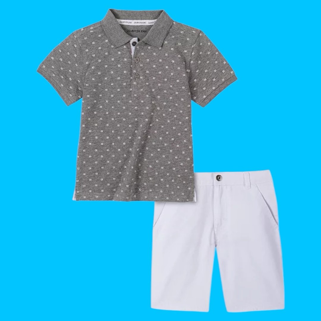 NWT Calvin Klein Set Polo Shirt Shorts CK Tshirt Tee Denim Boys Kids 2 Piece Gif