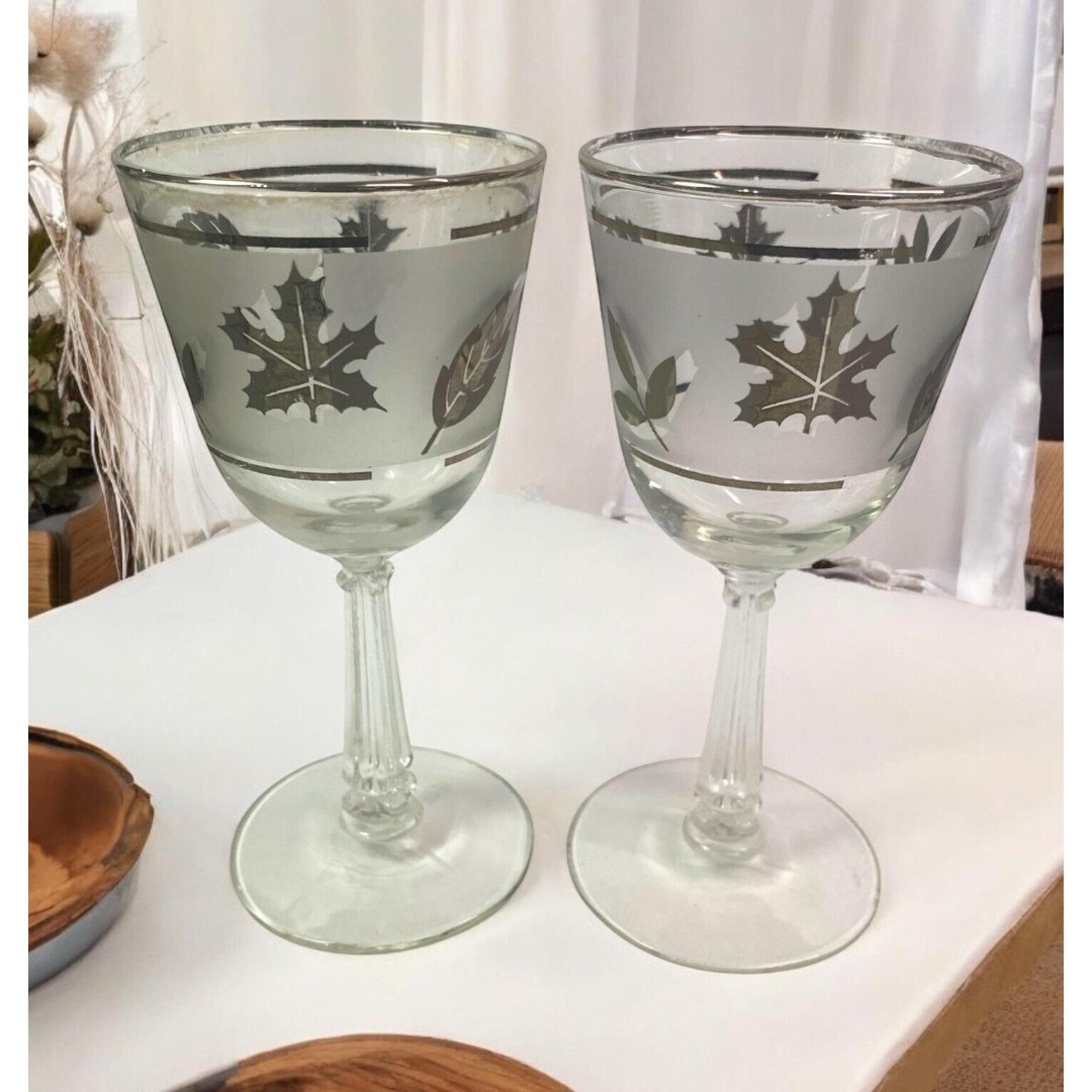 Vintage Libbey Silver Leaf Frosted Stemmed Wine Cordial Sherry Glasses Set Of 2