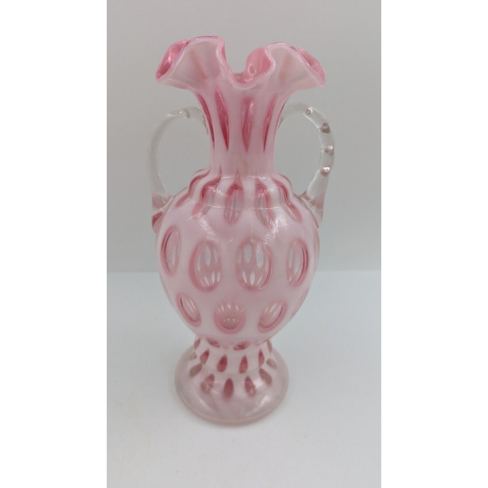 Fenton Cranberry Pink Coin Dot Opalescent 2 Handle Ruffled Rim Vase 11 in #194