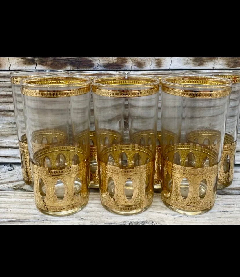 Vintage MCM Culver 22k Gold Antigua Highball Drinking Cocktail Glasses Set of 7