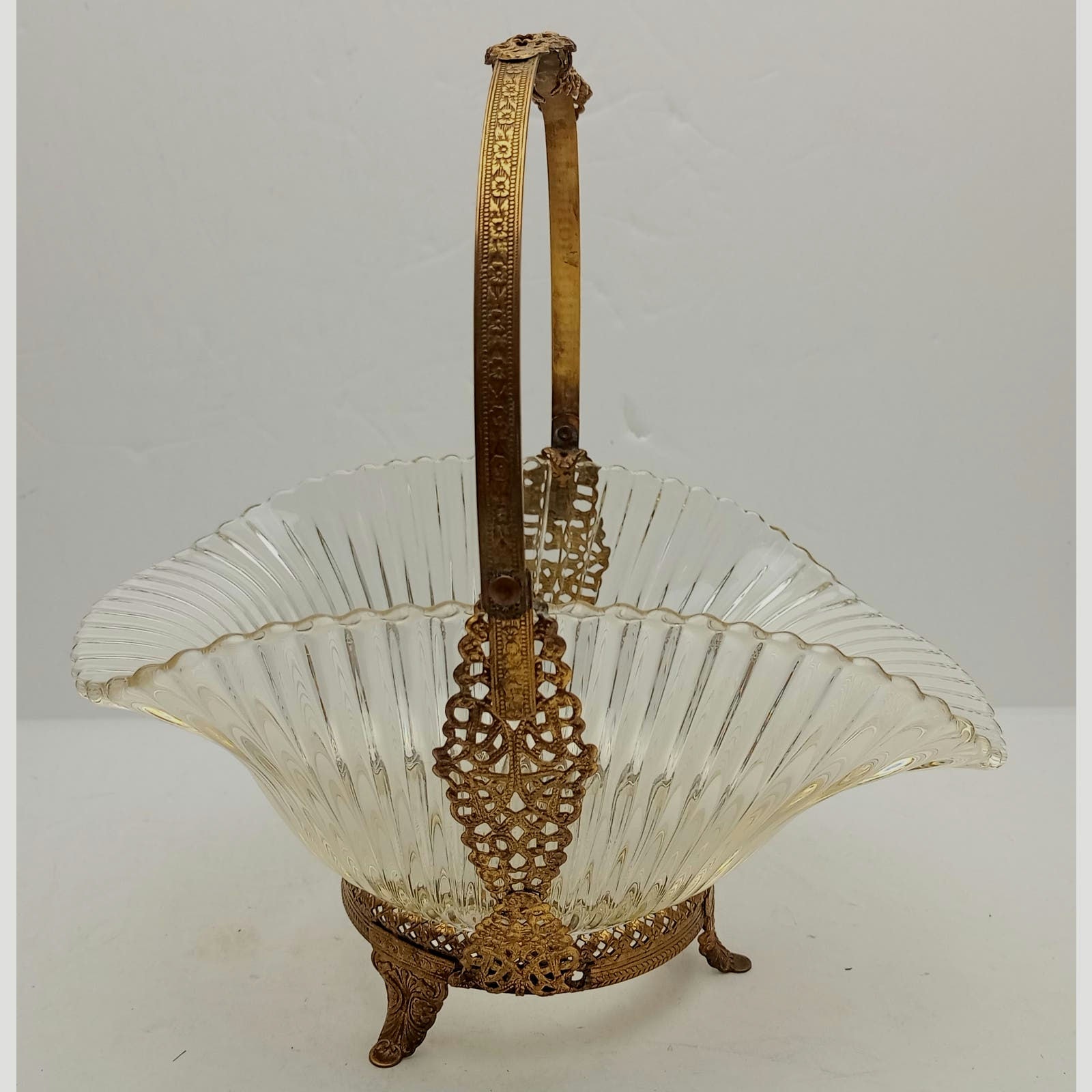 Vtg Ribbed Glass Ormolu Brass Bridal Basket