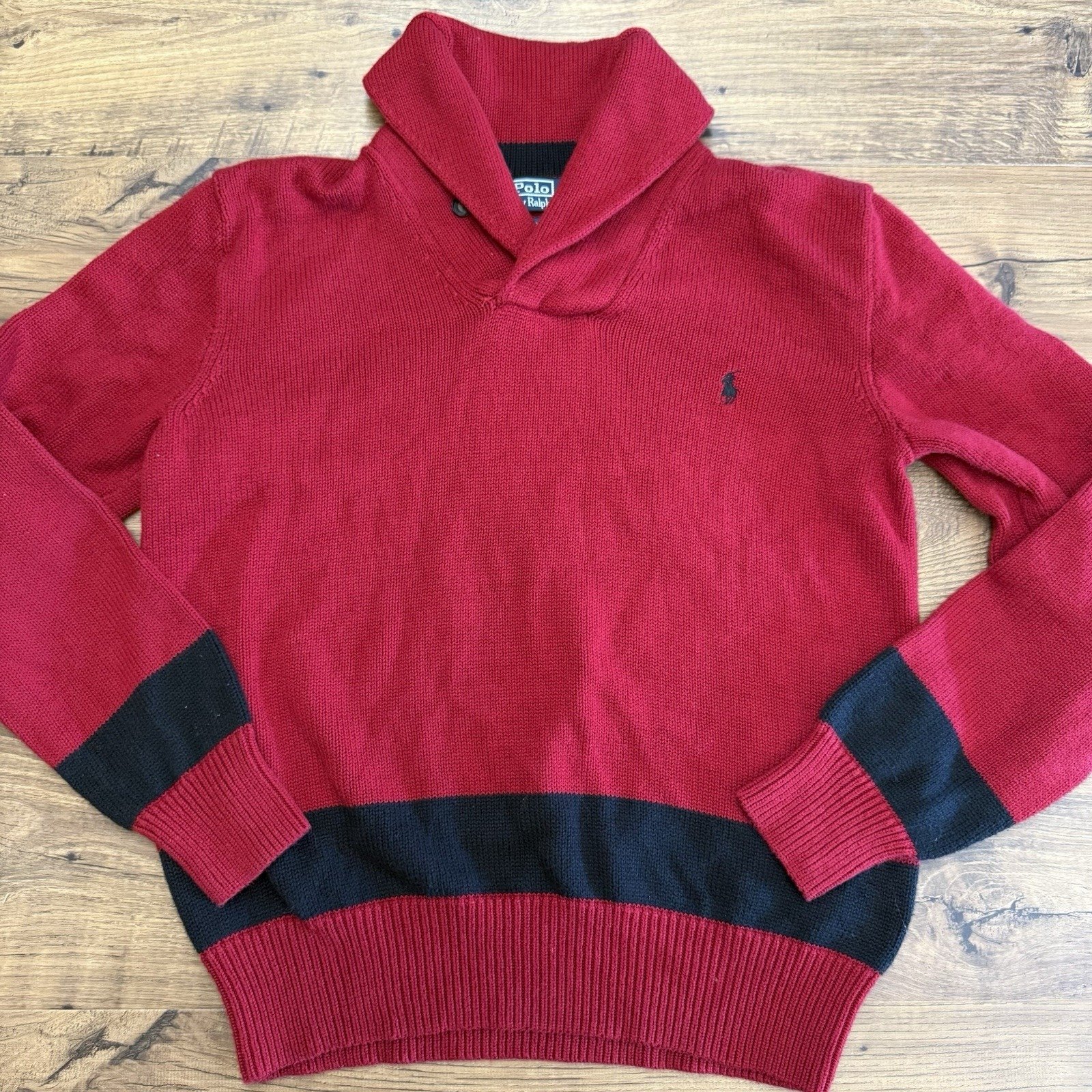 Vintage Polo Ralph Lauren Men's L Red Blue Stripe Shawl Collar Sweater 90s FLAW