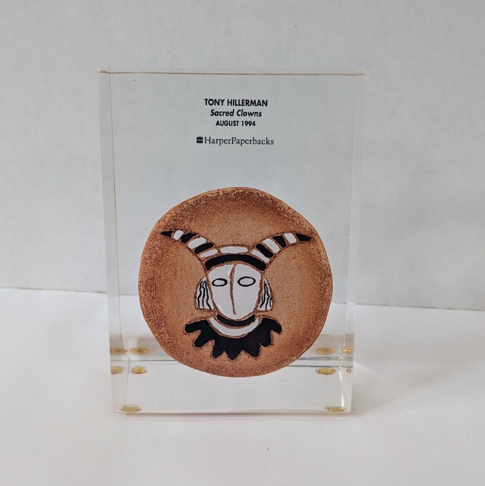 '94 Tony Hillerman Sacred Clowns Lucite Acrylic Preserved Art Piece Paperweight