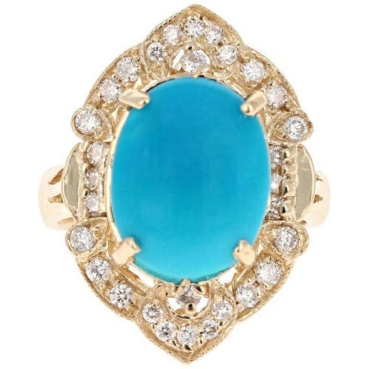 7.65Ct Natural Oval Blue Turquoise & Diamond Halo Solitaire Ring 14k Yellow Gold