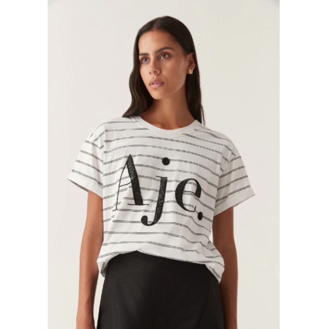 NWOT Aje Classic Embellished Logo Tee Spellout Beaded Graphic T Striped L