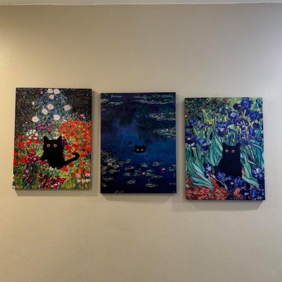 New Set of 3 Funny Cat in Water Lilies Wall Art Prints for Home Decor