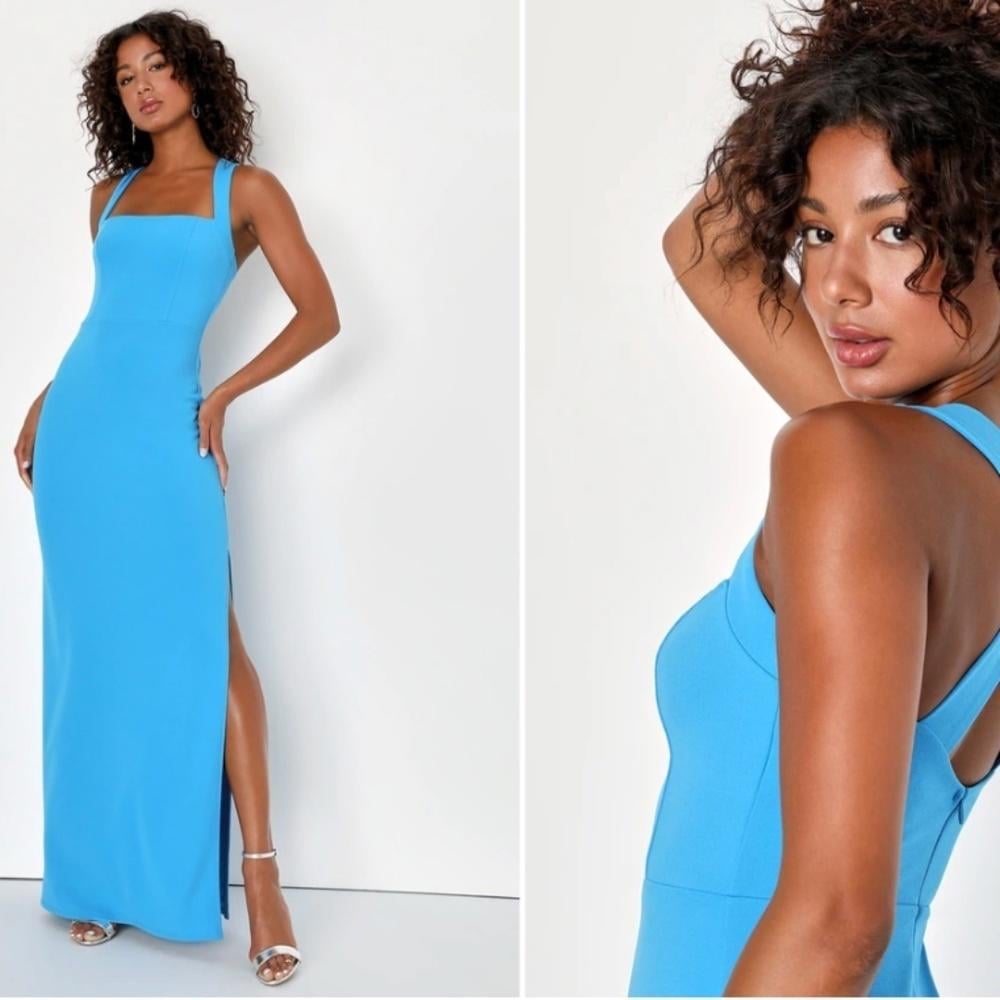 LULU's Sexy Criss Cross Back Elegant Wedding Prom Formal Event Colbat Blue Maxi