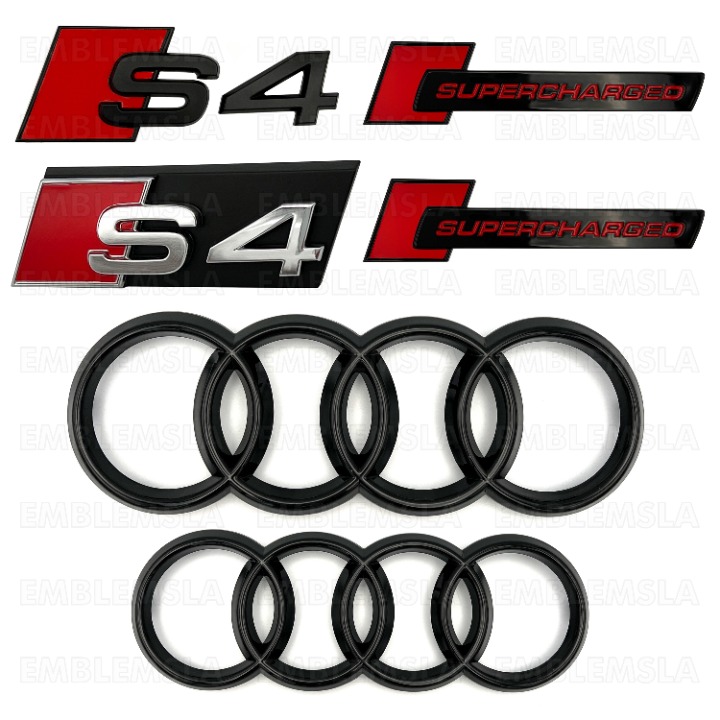 Audi S4 Ring Front Emblem Gloss Black Rear Grille V6T SuperCharged SET 2010-2019