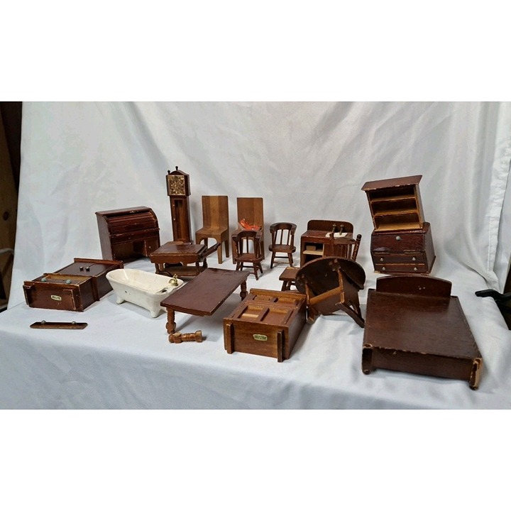 Wooden Dollhouse Furniture Set Lot Miniature Decor Chair Dresser Clock Desk
