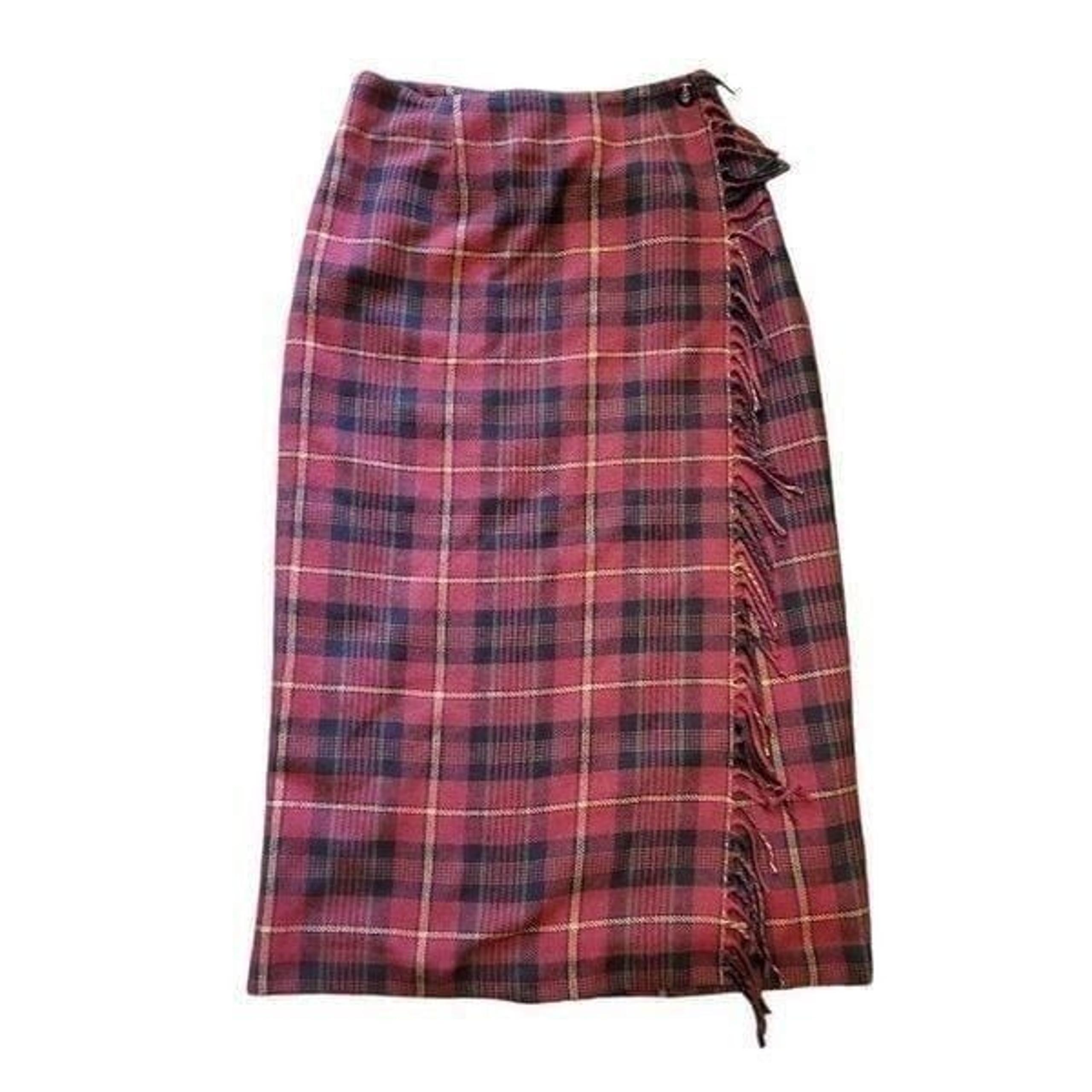 Vintage Requirements Skirt Women's 6 Red Plaid Wool Blend Blanket Maxi Fringe