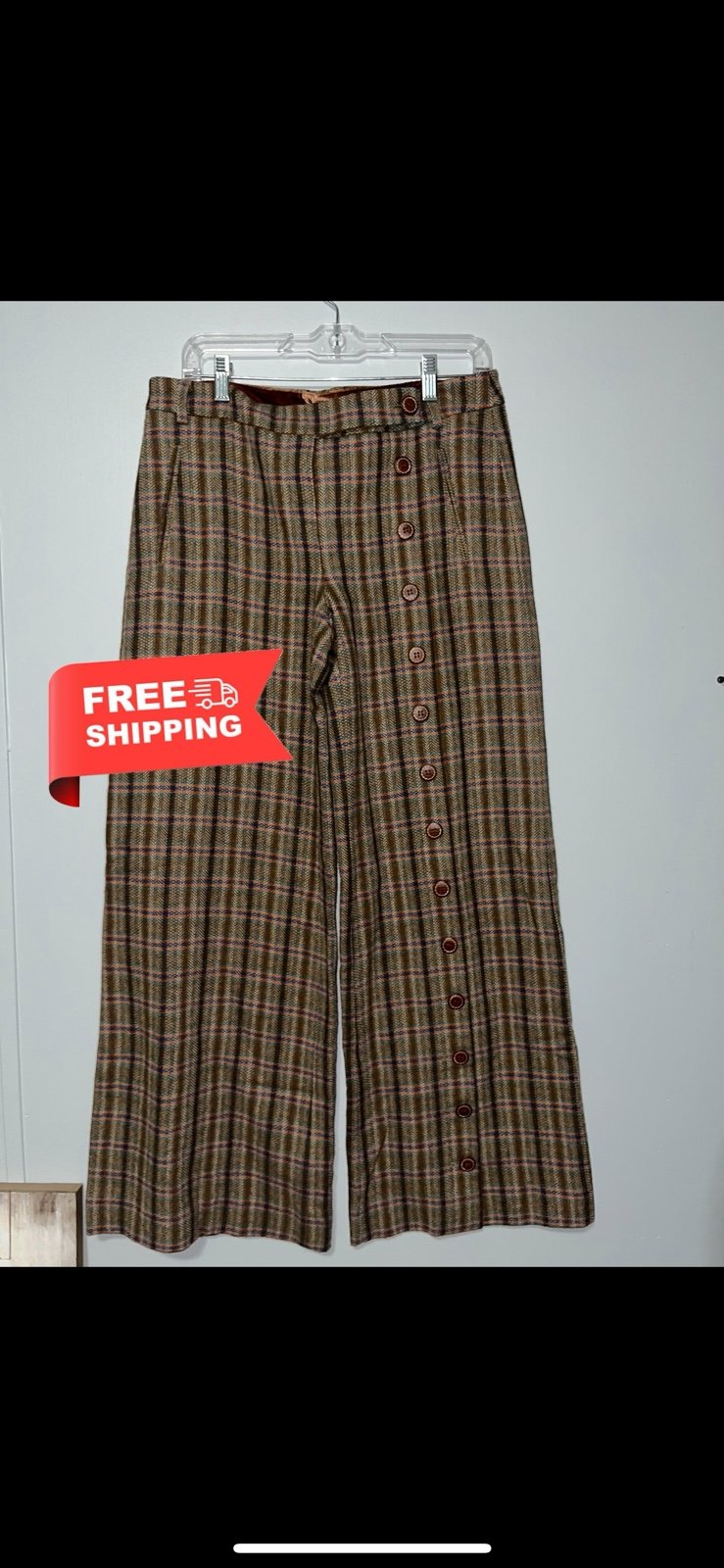 Y2k Grunge womens wool plaid baggy wide leg flare trousers size 8