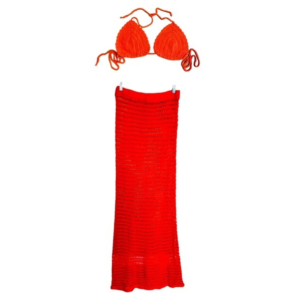 Crochet Swim Cover Set Open Knit Bra Drawstring Maxi Skirt Size L NEW