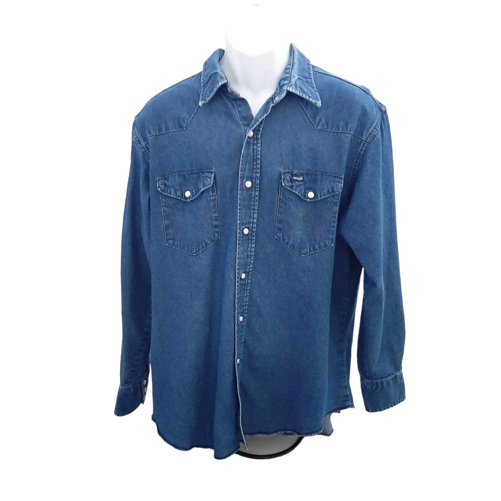 VTG Wrangler Denim Pearl Snap Western Shirt XL X-Long Tails 17 1/2 35 USA 90s