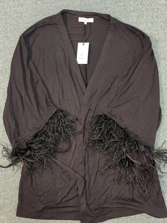 We Wore What Feather Robe Black, XS NWT, Soft Modal, Waist Tie