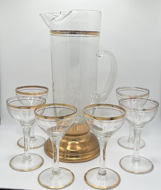 Vintage 60s MCM Glass Pitcher Brass Bottom With 6 Coupe Glasses W/ Gold Trim