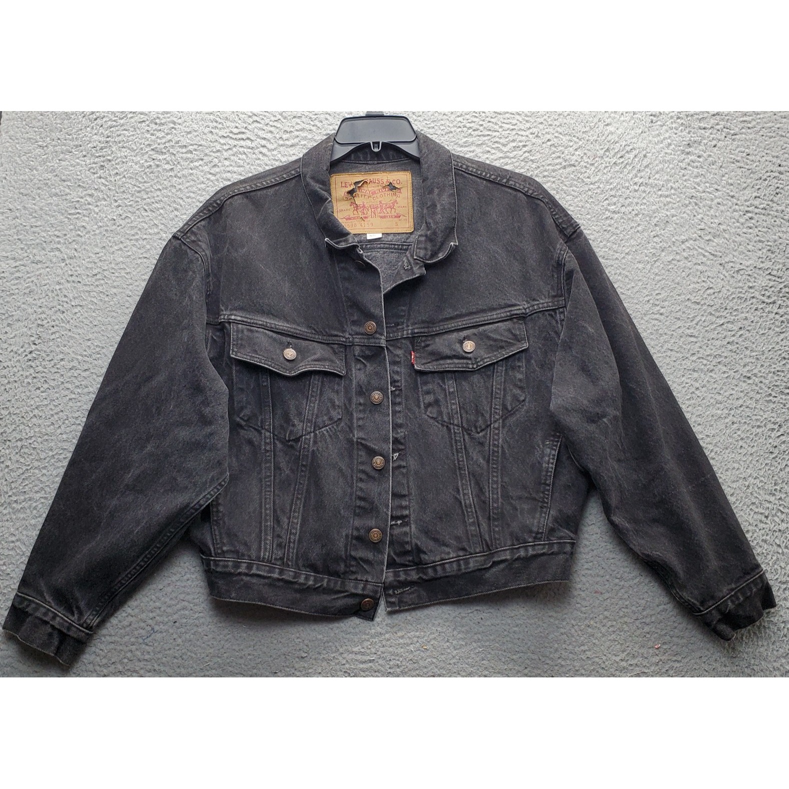 Vtg Levi's Trucker Jacket Womens S Black Denim Oversized Red Tab Button Front