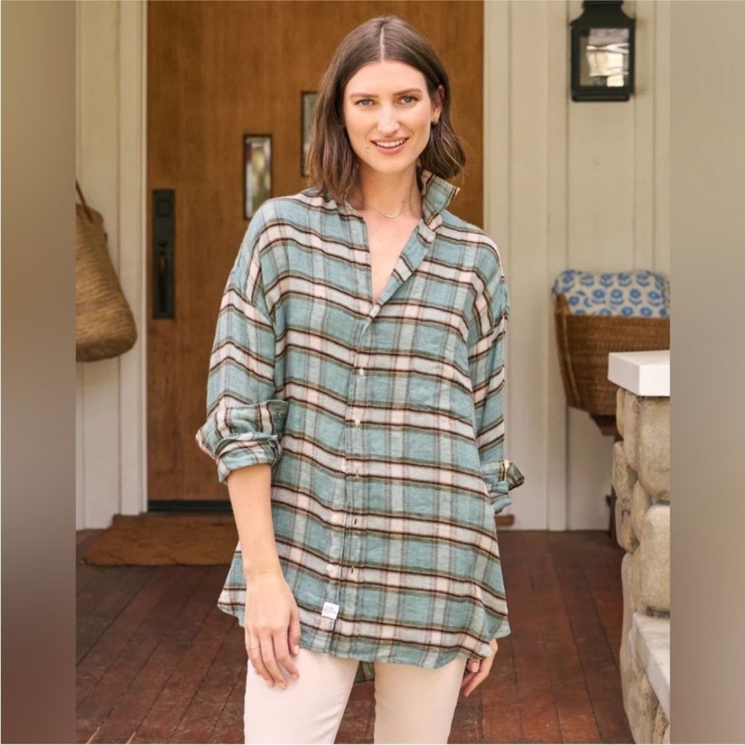 Frank & Eileen Shirley Italian Flannel Linen Green Sand Plaid Oversized M NWT