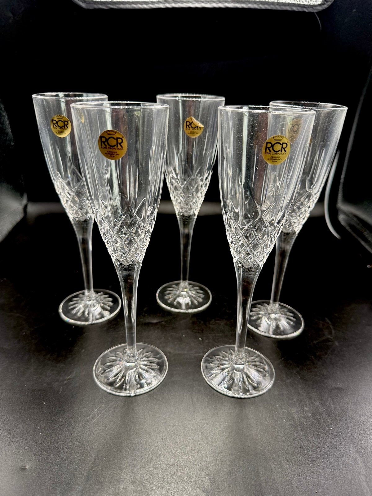 NEW 5Pc VTG ROC Italy, Crystal Toska Champagne Crystal Glasses, Original Box Tag