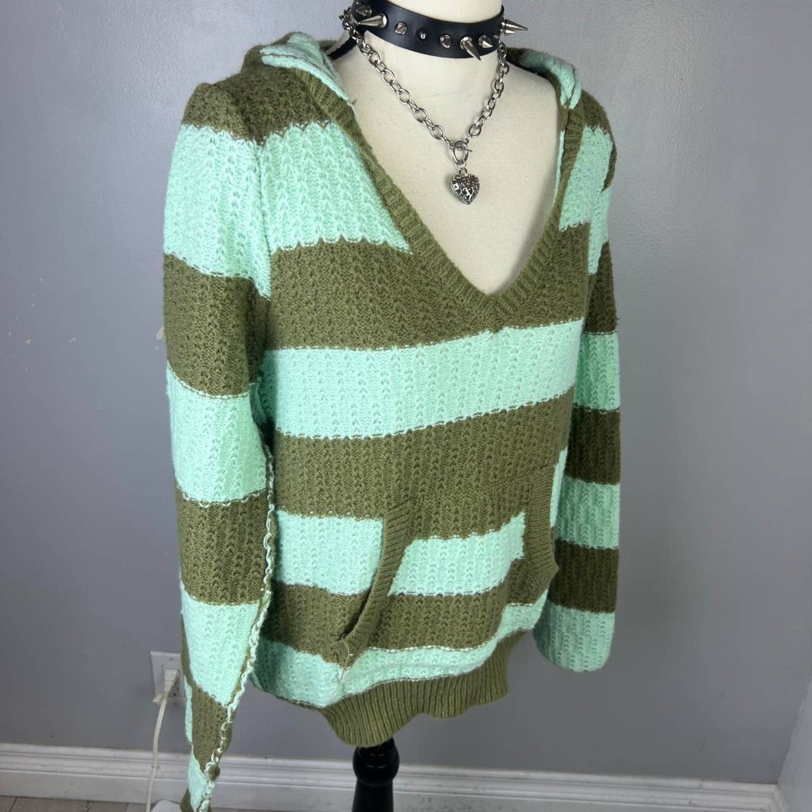 Striped crochet v neck sweater new
