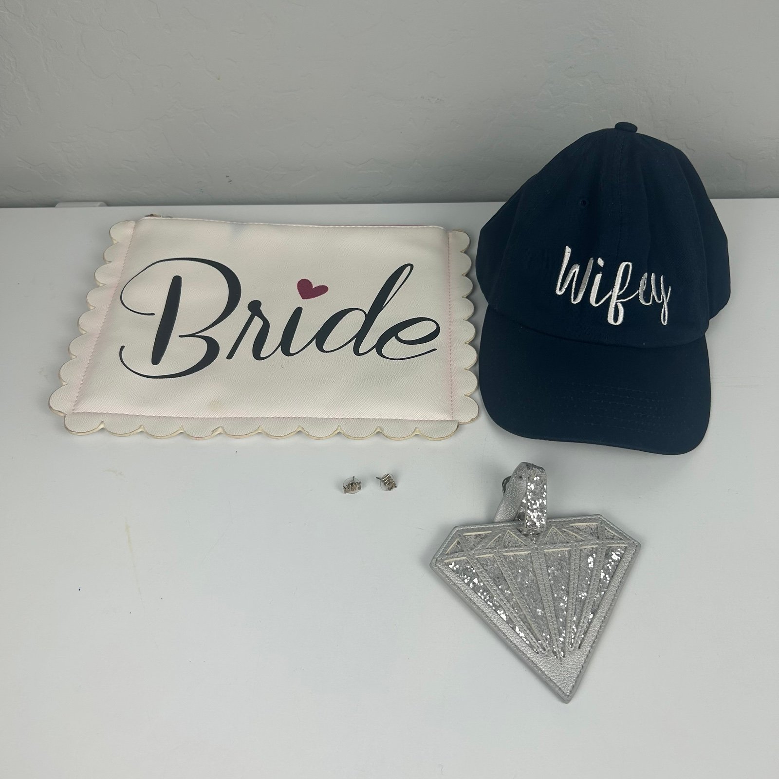Bride, Mrs, wifey gift bundle of clutch, hat, luggage tag and earrings