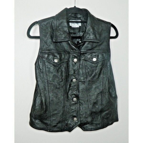 Bagatelle Vest Womens Large Black Leather Biker Moto Sleeveless Buttons