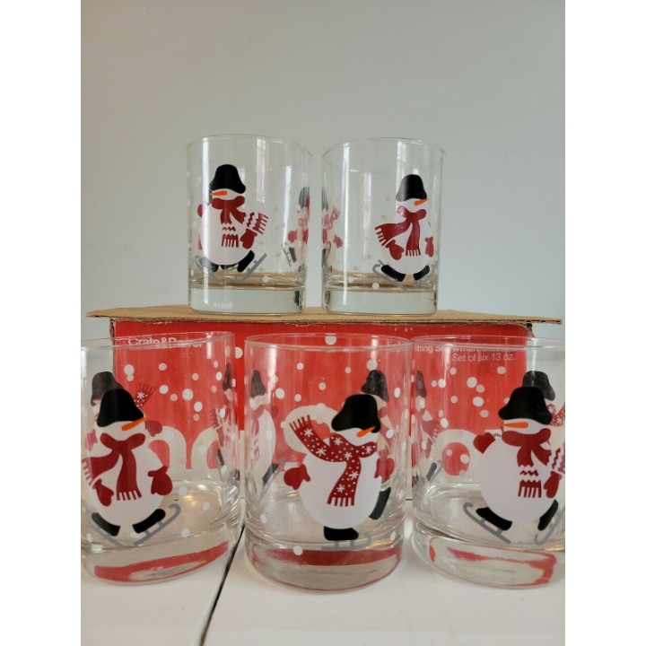 5 Crate And Barrel Ice Skating Snowman 13 oz Glass Cup Set Christmas Holiday