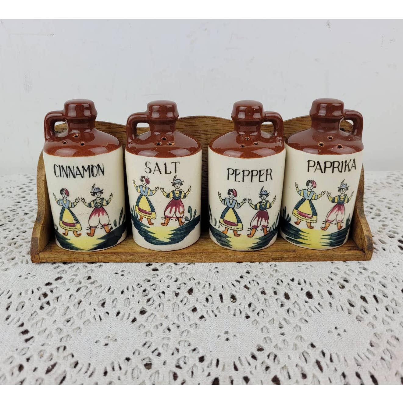 Vintage Salt Pepper Paprika Cinnamon Shaker Ceramic Whiskey Jug Spice Rack Shelf