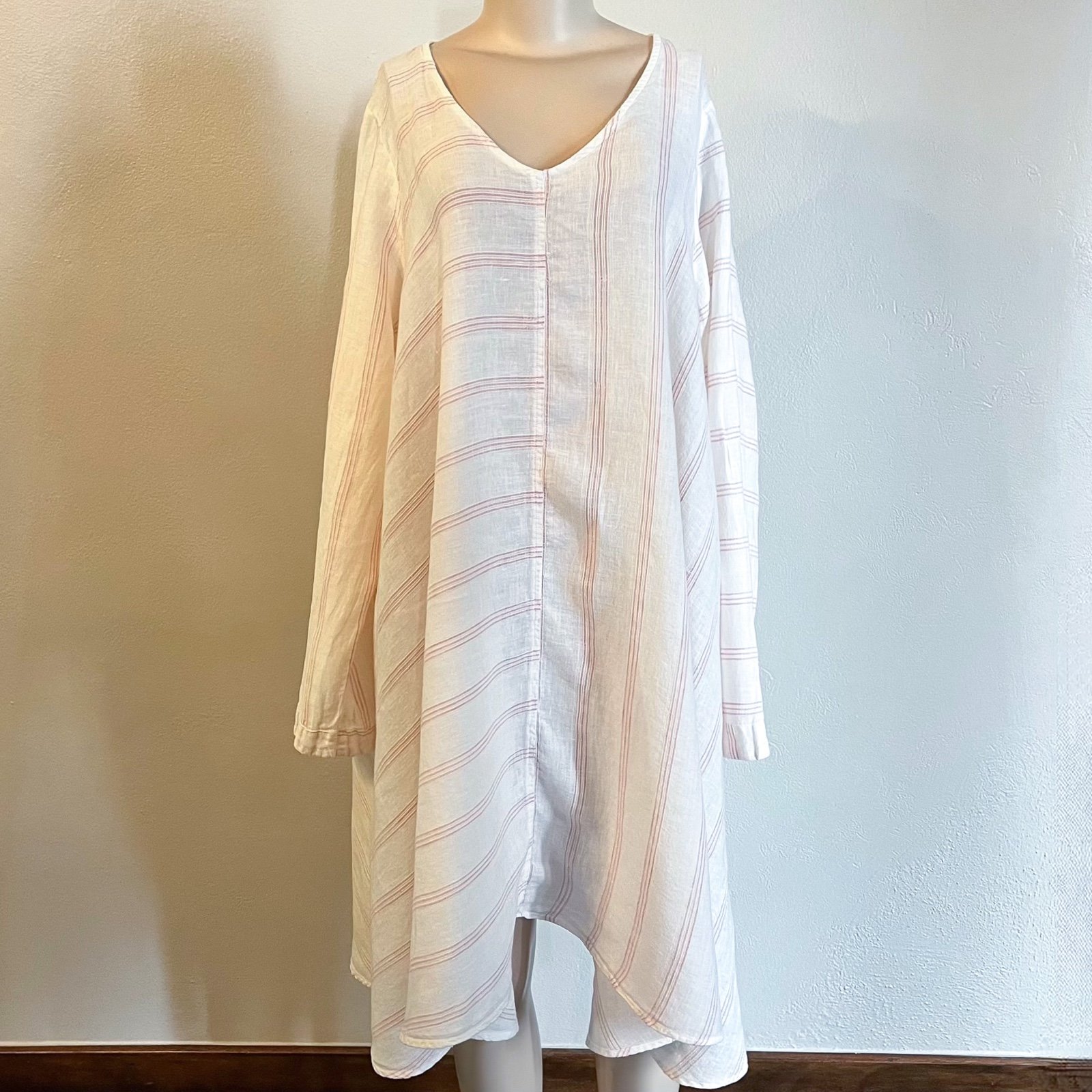 CP Shades 100% Linen Striped Long Sleeve Knee Length Dress Pink Cream Sz Large