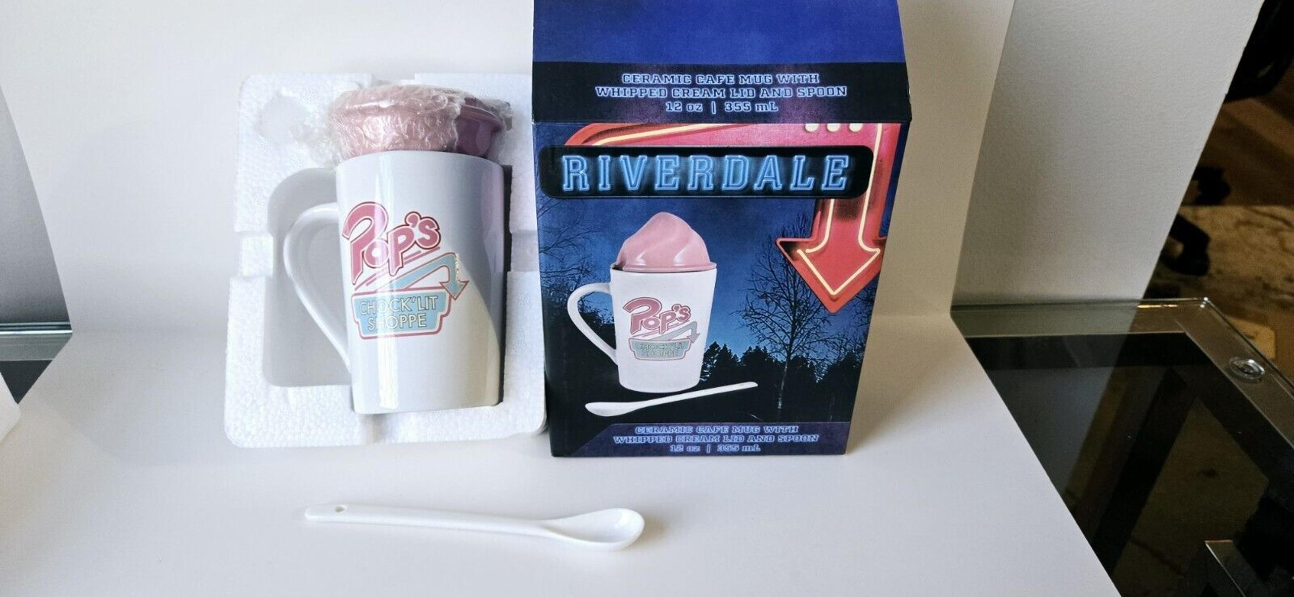 Just Funky coffee cup tea mug Riverdale cafe mug whipped cream lid spoon Pops
