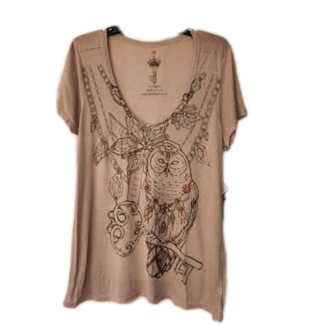 KEY CLOSET Owl Crystal Embellished Womens Vneck Tee In Gray ( 2 sizes available)