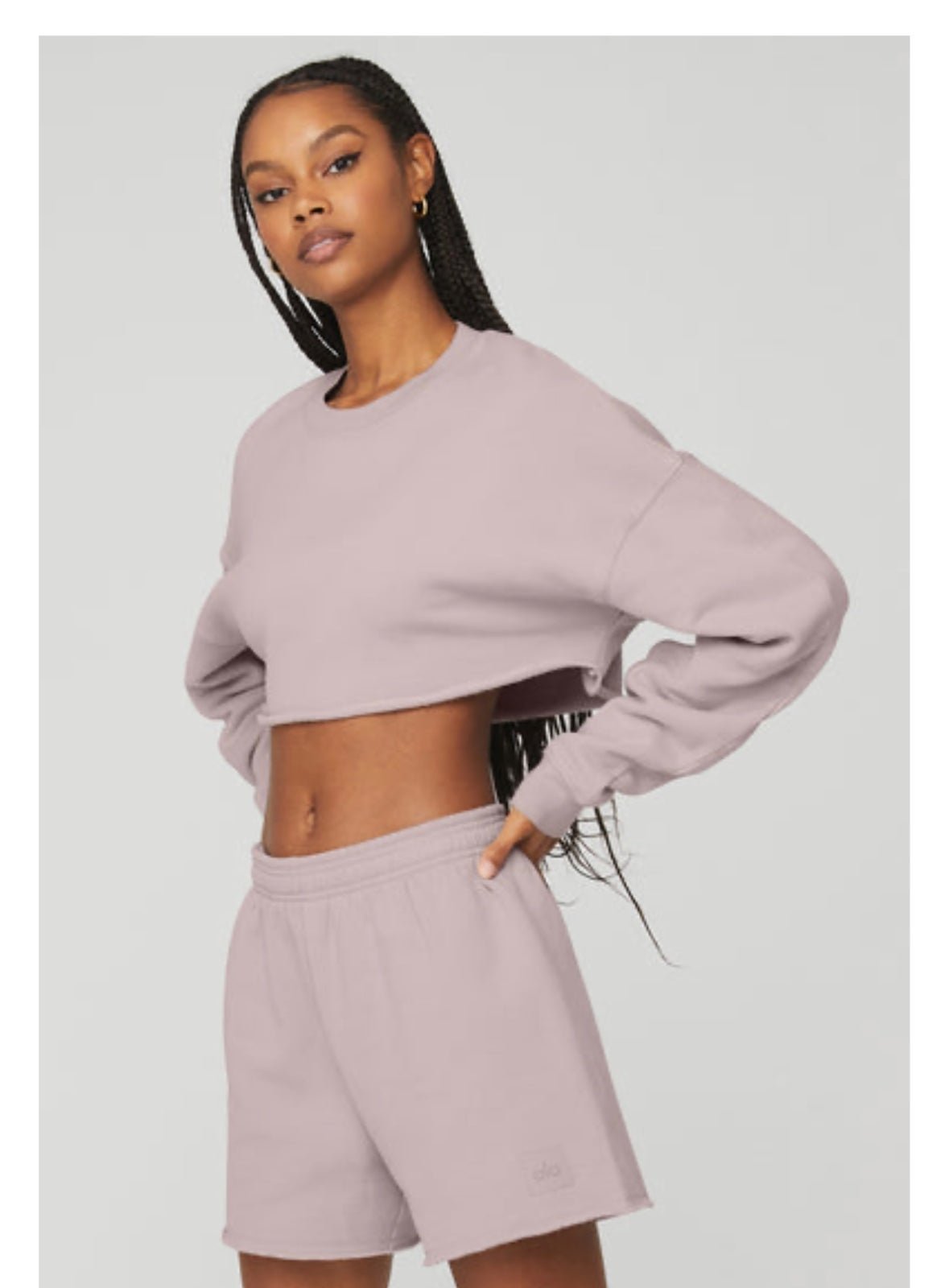 alo yoga extreme crop oversize set crewneck sweatshirt/shorts lavender dusk XS