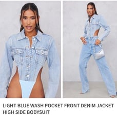 PrettyLittleThing Light Blue Wash Denim Bodysuit Jacket US 4 Button Front NWT