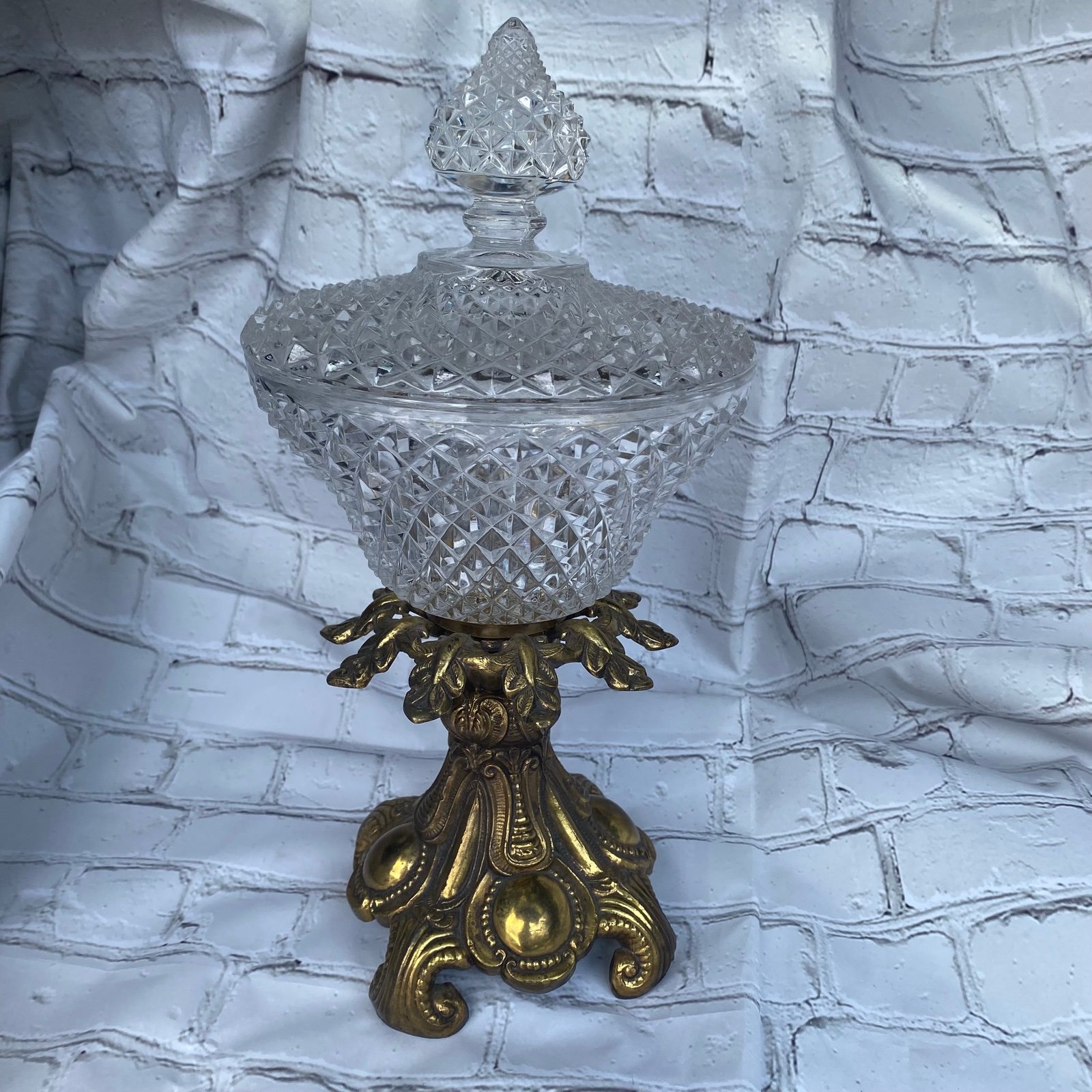 Vintage Victorian Brass & Cut Glass ‘Chandelier’ Covered Compote Bowl Lid Heavy