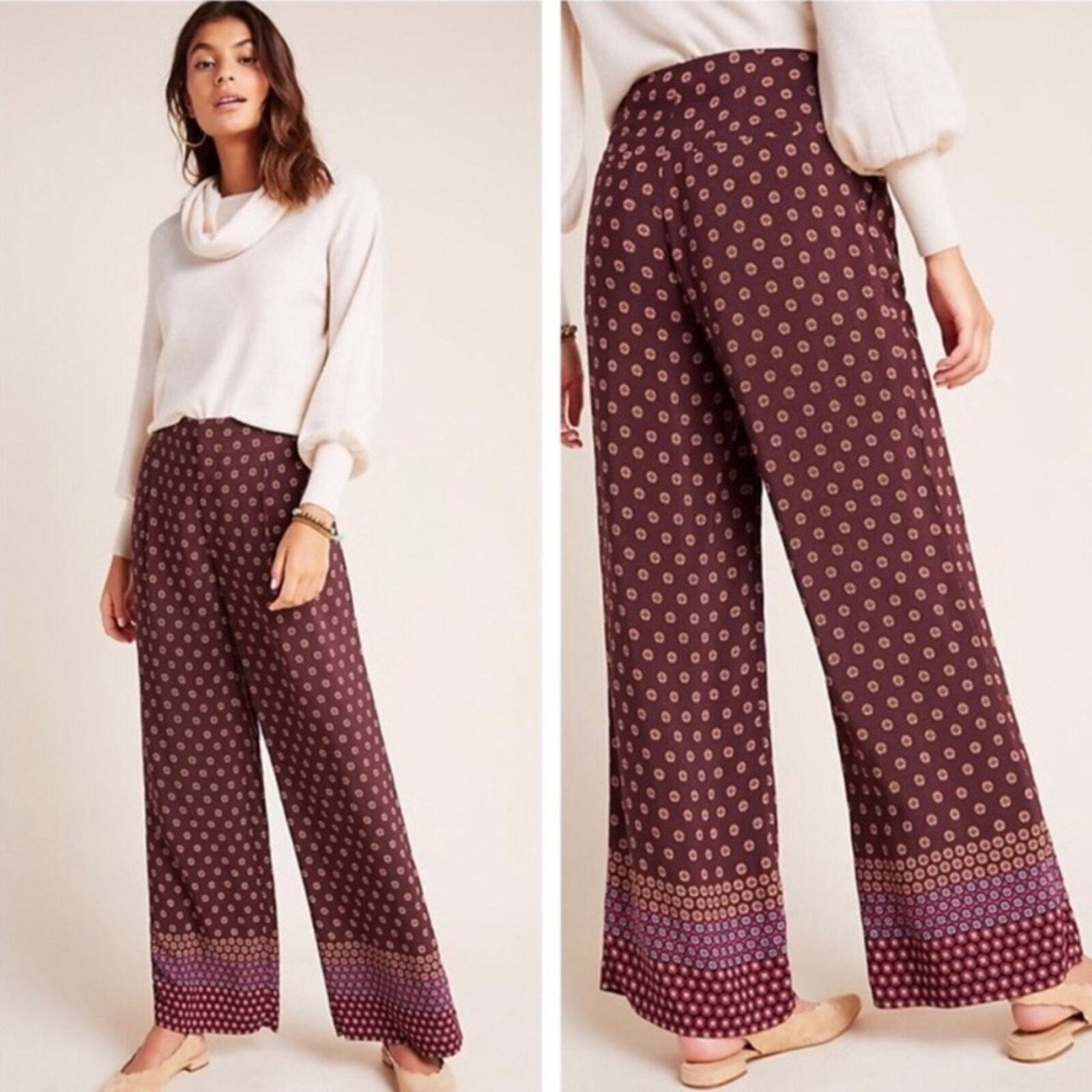 Anthropologie Marsden Burgundy Geometric Print Wide Leg Pants Sz 8