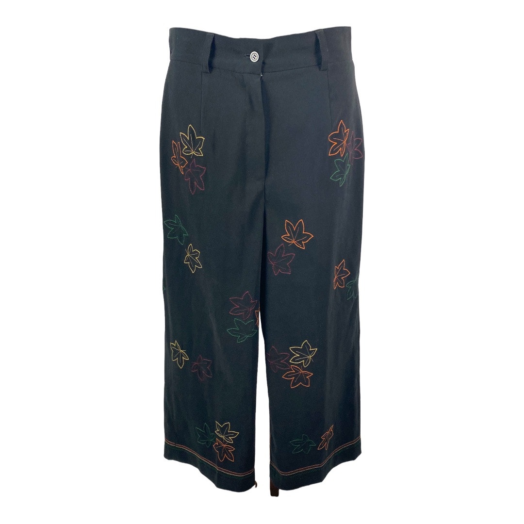 Ann Trinity black polyester embroidered pants cropped wide leg trousers size 8