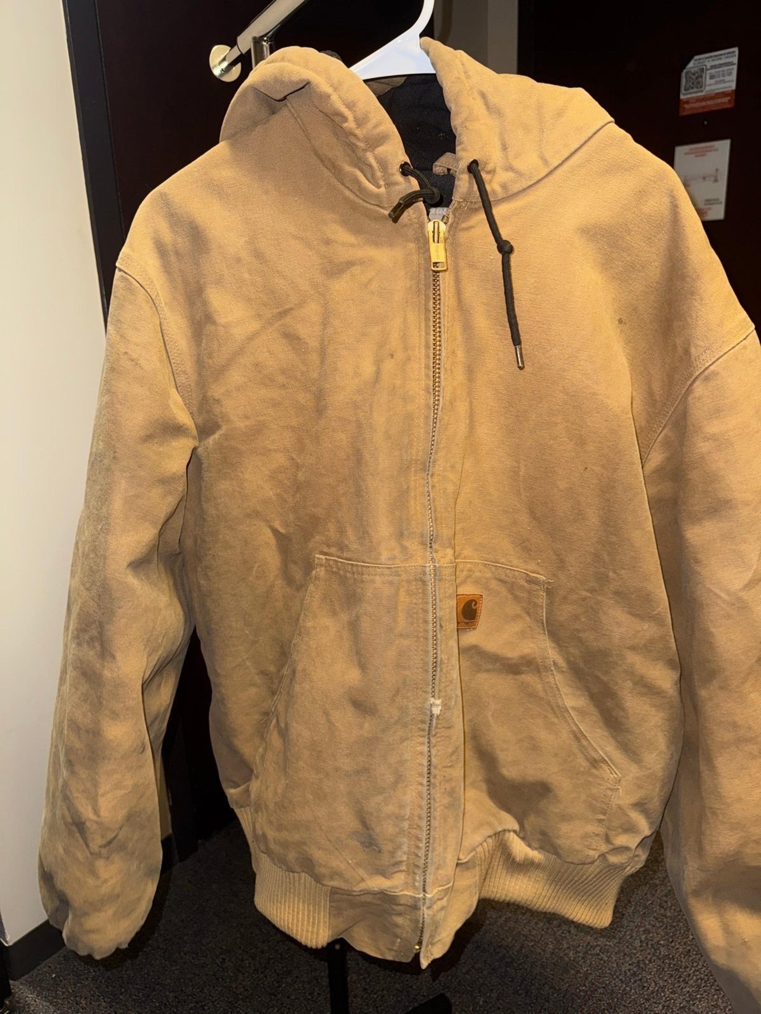 Men's Insulated Washed Duck Active Brown Hooded Zip Up Work Jacket Sz L - Carhartt